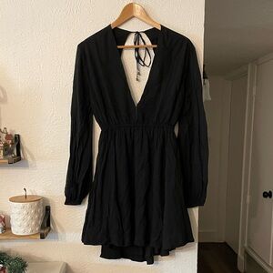 Free People Black Long Sleeve Mini Boho Dress Size Small 100% Cotton